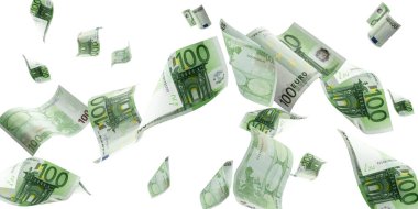 Para yığını. Düşen banknotlar. Beyaz izolasyon geçmişi üzerine Avrupa parası.