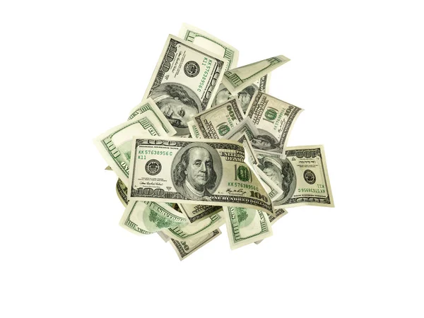 Zásobník peněz. Stovky dolarů Ameriky. Padající peníze na izolaci, my Bill. — Stock fotografie