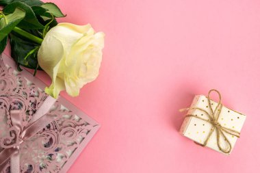 Gül arka planı. Pembe üzerine izole edilmiş beyaz çiçek. Üst yaşam süresi