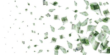 Euro money falling cash. European banknotes isolated on white background.