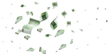 Para yığını. Düşen banknotlar. Beyaz izolasyon geçmişi üzerine Avrupa parası.