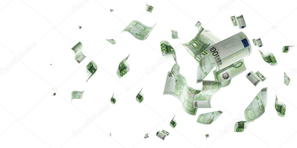 Counting euro banknote falling isolated. Money cash texture on white background.