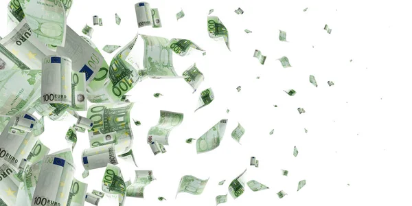Billetes en euros que caen. Dinero europeo sobre fondo de aislamiento blanco . — Foto de Stock