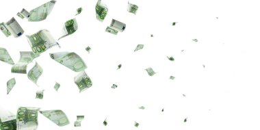 Euro money falling cash. European banknotes isolated on white background.