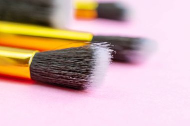 Kozmetik seti. Kozmetik tozu fırçaları pembe arka Grou 'da izole edilmiş.