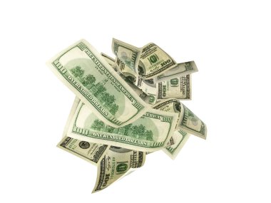 100 dolarlık banknot. Düşen para izole arka plan. Amerikan nakit.