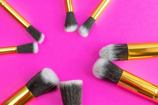 Cosmetics set. Cosmetic powder brushes isolated on pink backgrou