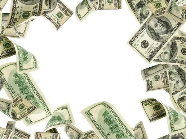 Money stack. Hundred dollars of America. Falling money isolated, us bill. — Stock Photo, Image