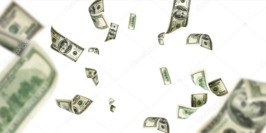 Hundred dollar bill. Falling money isolated background. American cash.