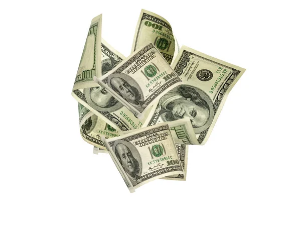 Zásobník peněz. Stovky dolarů Ameriky. Padající peníze na izolaci, my Bill. — Stock fotografie