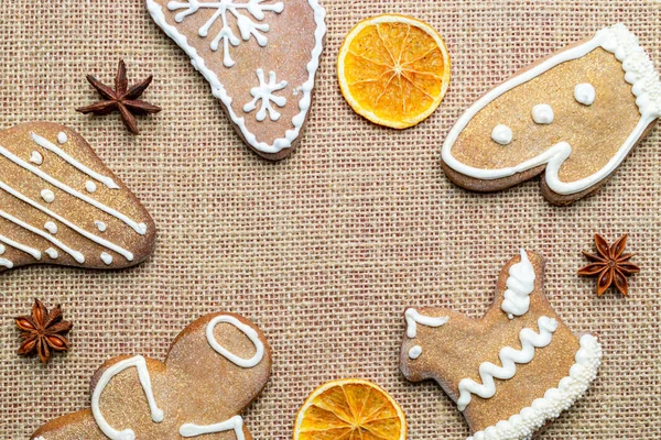 Christmas homemade gingerbread cookies. Celebration cooking Winter concept. New year and christmas postcard or invitation — Stock Photo, Image