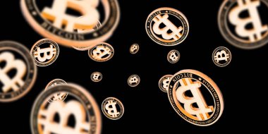 Bitcoin madenciliği siyah arka planda izole edilmiş. Altın Düşen Kripto Nakit. Litecoin, Ethereum Kripto para birimi kavramı