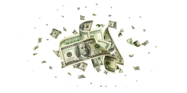 Dolar amerykański. Amerykańskich pieniędzy, spada gotówką. Pływające setki dolarów na białym tle. — Zdjęcie stockowe