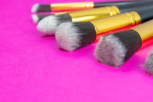 Makeup brushes powder isolated on pink with copy space. Beauty m