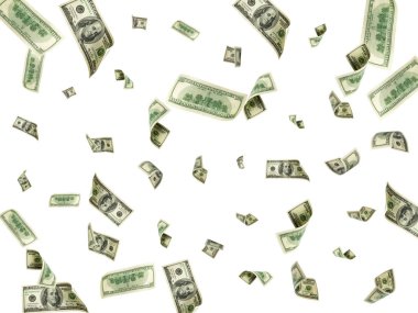 100 dolarlık banknot. Düşen para izole arka plan. Amerikan nakit.