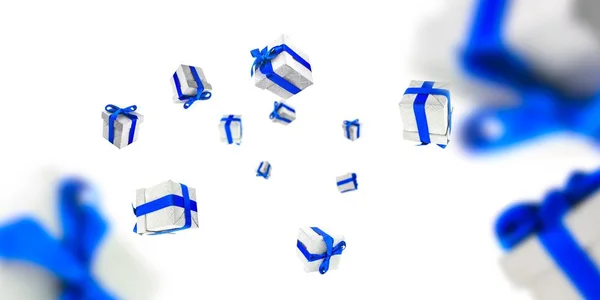 Surprise gifts. Gift boxes with blue ribbons isolated on white. Christmas background with Surprise boxes