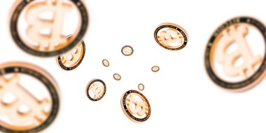 Para geçmişi. Altın Düşen Bitcoinler beyazın üstüne. Düşen Litecoin, Ethereum arkaplanı.