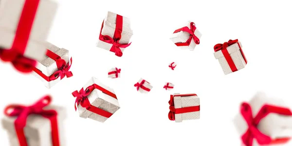 Ruban cadeau isolé sur blanc. Cadeaux tombant avec des arcs rouges. Carte de vœux des fêtes, cadeaux d'anniversaire, cartes cadeaux, cartes postales — Photo
