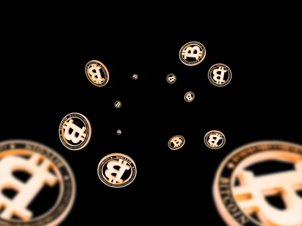 Bitcoin एक्सचेंज। काले पर सोने के गिरने के सिक्के। Litecoin, एथेरियम क्रिप्टोकरेंसी पृष्ठभूमि . — स्टॉक फ़ोटो, इमेज