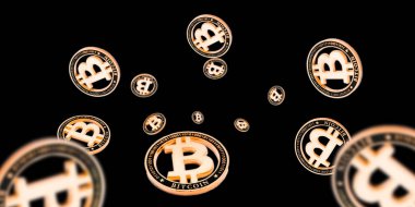 Edebiyat. Siyah üzerine Altın Düşen Bitcoinler. Kripto altın para birimi konsepti. Düşen arkaplan.