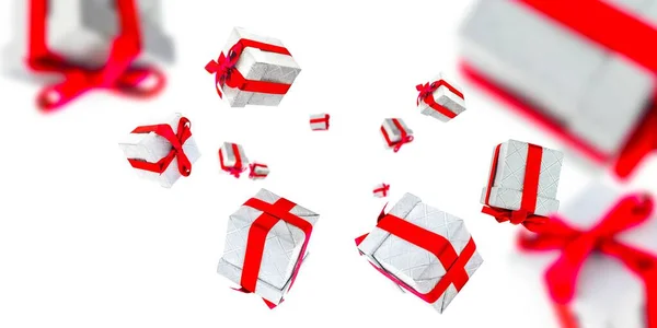 礼品盒。 带着红丝带的礼物 圣诞背景和惊喜盒。 生日礼物，结婚纪念日礼物，礼品卡，明信片 — 图库照片