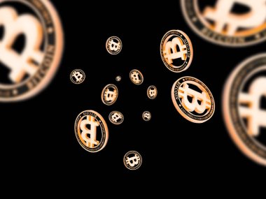 Biraz bozuk para. Düşen Altın Kripto para birimi karanlık arka planda izole edildi. Litecoin, Ethereum Crypto Cash