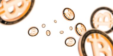Kripto para birimi geçmişi. Düşen Altın Bitcoin beyaz üzerine izole. Düşen para kavramı