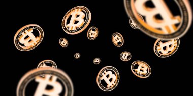 Bitcoin değişimi. Siyah üzerine düşen altın sikkeler. Litecoin, Ethereum Kripto para birimi arkaplanı.
