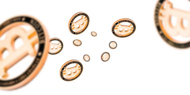 Para geçmişi. Altın Düşen Bitcoinler beyazın üstüne. Düşen Litecoin, Ethereum arkaplanı.