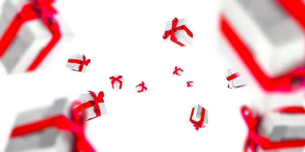 Surprise gifts. Gift boxes with red ribbons isolated on white. Christmas background with Surprise boxes