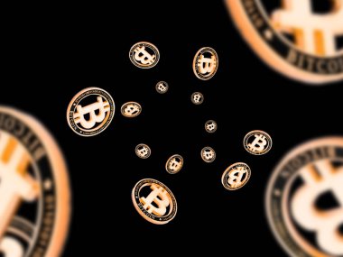 Ethereum, siyah üzerine izole edilmiş altın Bitcoinler. Kripto para birimi geçmişi. Düşen Edebiyat