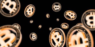 Bitcoin madenciliği siyah arka planda izole edilmiş. Altın Düşen Kripto Nakit. Litecoin, Ethereum Kripto para birimi kavramı