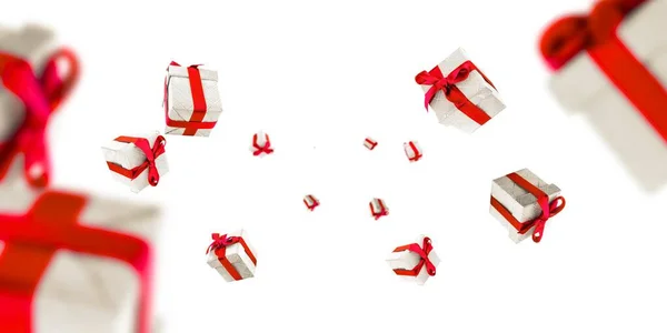 Gift ribbon red isolated on white. Falling gifts with red bows. Used for birthday, anniversary presents, gift cards, post cards — ストック写真