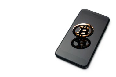 Biraz bozuk para. Altın kripto para birimi, beyaz arka planda izole edilmiş siyah akıllı telefon. Litecoin, Ethereum Crypto Cash