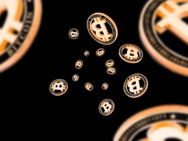Bozuk paralar düşüyor. Siyah üzerine altın kripto para. Litecoin, Ethereum, Bitcoin arkaplanı.