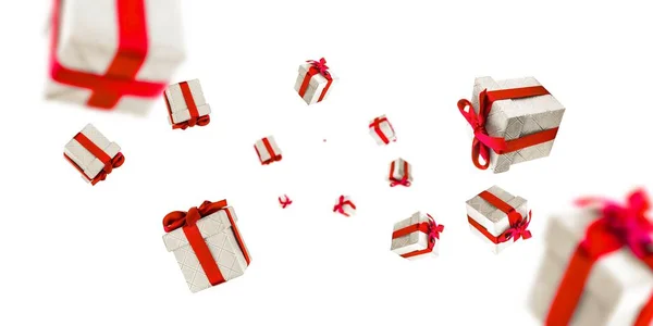흰색에 빨간 리본으로 분리되어 있습니다. 빨간 활을 쓰고 떨어지는 선물. 생일, 기념일 선물, 선물 카드, 엽서에 사용되었습니다. — 스톡 사진