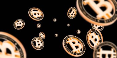 Bitcoin işi. Siyah üzerine düşen altın sikkeler. Litecoin, Ethereum Kripto para birimi arkaplanı.