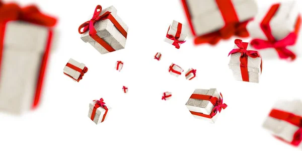 Ruban cadeau isolé sur blanc. Cadeaux tombant avec des arcs rouges. Carte de vœux des fêtes, cadeaux d'anniversaire, cartes cadeaux, cartes postales — Photo