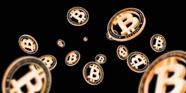 Edebiyat. Siyah üzerine Altın Düşen Bitcoinler. Kripto altın para birimi konsepti. Düşen arkaplan.
