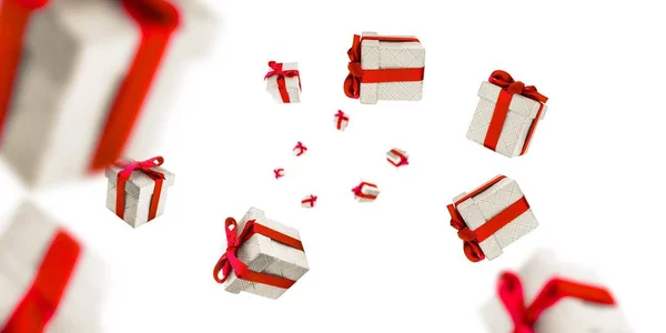 ギフトボックスの背景。赤いリボンで贈り物を落下。誕生日おめでとうやパーティーのグリーティングカード — ストック写真