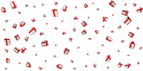 Cajas de regalo fondo. Caída de regalos con cintas de lava exuberante. Feliz cumpleaños o tarjeta de felicitación del partido —  Fotos de Stock