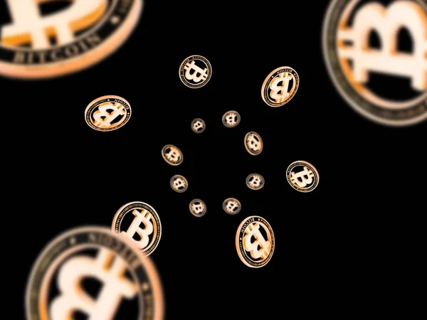 Bitcoin w gotówce. Złota kryptowaluta. Spadające monety odizolowane po ciemku. Litecoin, Ethereum Kryptowaluta tło — Zdjęcie stockowe