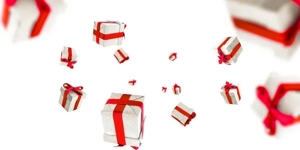 Surprise boxes. Falling gifts with red ribbons. Happy Birthday or party greeting card.