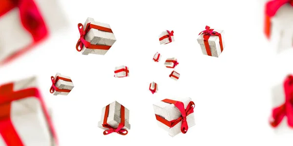 Cajas de regalo fondo. Caída de regalos con cintas rojas. Feliz cumpleaños o tarjeta de felicitación del partido —  Fotos de Stock