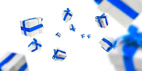 Cadeaudozen achtergrond. Gevallen geschenken met blauwe linten. Gelukkige verjaardag of feest wenskaart — Stockfoto