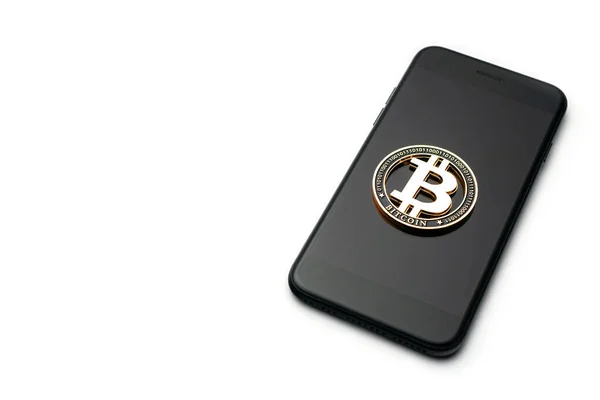 Litecoin. Guld Bitcoin med svart smartphone på vit. Cryptocurrency gyllene koncept. Pengar bakgrund. — Stockfoto
