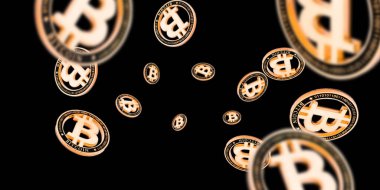 Bitcoin madenciliği siyah arka planda izole edilmiş. Altın Düşen Kripto Nakit. Litecoin, Ethereum Kripto para birimi kavramı