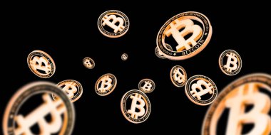 Edebiyat. Siyah üzerine Altın Düşen Bitcoinler. Kripto altın para birimi konsepti. Düşen arkaplan.