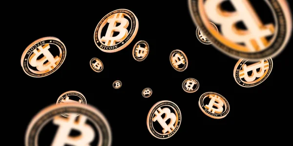Обмін біткоїнами. Золоті монети падають на чорному. Litecoin, Ethereum Cryptocurrency background. — стокове фото