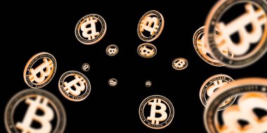 Bitcoin cüzdanı. Gold Falling Cryptomoney karanlıkta izole edilmiş. Litecoin, Ethereum Kripto para birimi arkaplanı.